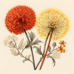 A delicate illustration of dandelion-like flowers in warm autumn hues, bringing nature’s beauty to life with intricate details.

