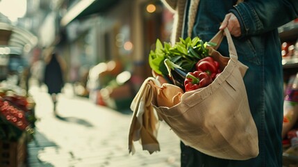 Person carrying a bag full of groceries in a city street