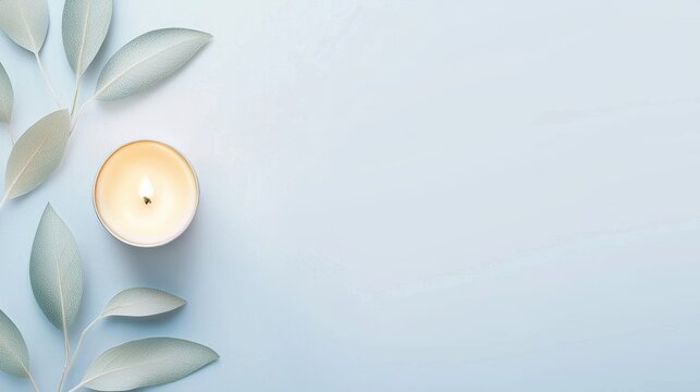 A calming scene featuring a lit candle surrounded by green leaves on a soft blue background, perfect for relaxation themes.