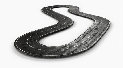 Curved Road Design on White Background: Winding Asphalt Highway Symbolizing Journey, Adventure, and Navigation Through Challenges in Life, Business, or Travel Concepts