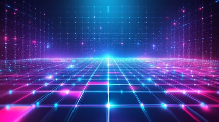 Futuristic Neon Grid Background with Glowing Lines and Lights
