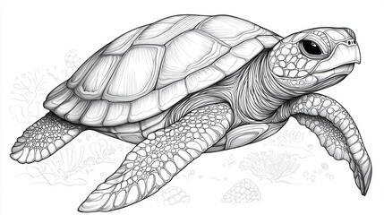 intricate sea turtle line art flowing patterns within shell design bold black lines on white background perfect for educational coloring books