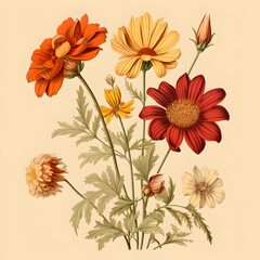 Retro Blumenstrauß mit roten und gelben Blüten, auf beigem Hintergrund, mit detaillierten Blättern und geschlossenen Knospen, Texturen und weiche Schattierungen, digitaler Papierdruck