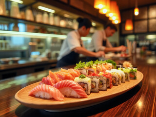 A food photography of delicious sushi and maki Japanese dish,  photo in a cosy asian restaurant