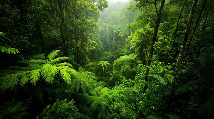 Fototapeta premium A serene and vibrant scene of lush Gondwana rainforests, with towering ferns and dense greenery bathed in soft, natural light.