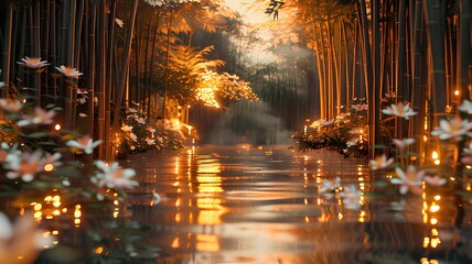 Volumetric Japanese landscape of a bamboo forest with golden elements and flowers.