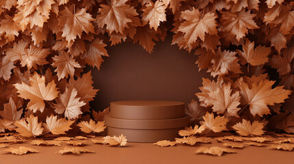 Elegant brown stone podium amidst vibrant fall leaves, perfect for showcasing cosmetic products with seasonal charm and natural beauty