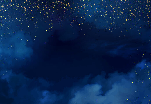 Magic night dark blue frame with sparkling glitter bokeh and light art. Square vector wedding card. Gold confetti and navy background. Golden scattered celestial dust. Fairytale magic star template