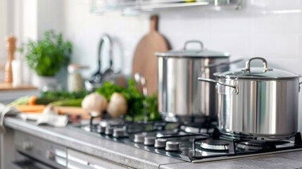 Stainless Steel Pots on Stovetop in Modern Kitchen