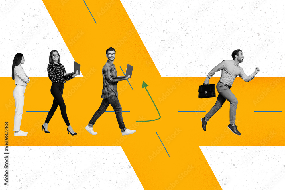Poster collage sketch image of business people working together going office way direction isolated on copy