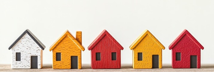 Colorful Wooden Miniature Houses on a White Background.