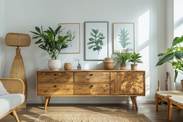 Wooden sideboard with drawers and doors in industrial style, illuminated in Scandinavian living room with contemporary decor.