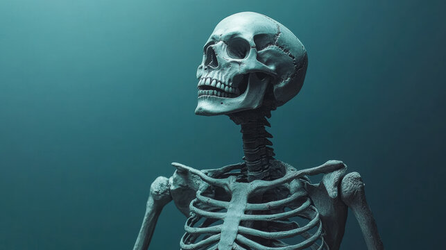 A realistic human skeleton model showcasing anatomical details against a gradient background, ideal for educational and medical use.