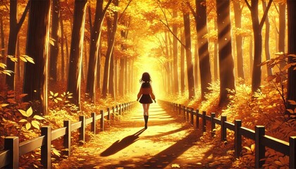 Fototapeta premium Anime Girl Walking Through Autumn Forest in LoFi Setting