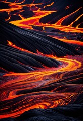 vivid dynamic lava flow bright textures colors capturing energy volcanic activity, eruption, magma, molten, rock, heat, surface, glow, nature, landscape