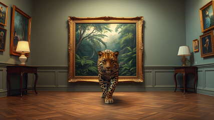 A graceful spotted leopard, a powerful predator in the jungle, emerges from the painting and walks into the room.
