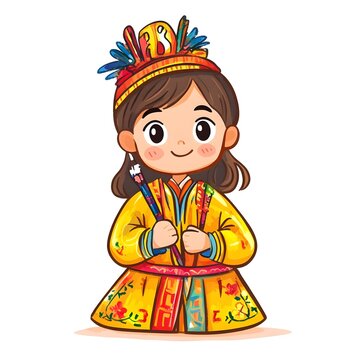 recommend clip art: A beautiful cartoon full body child wearing Okaeri is a festival outfit featuring vibrant colors and elaborate decorations, worn during traditional celebrations clipart, full body, watercolor clipart