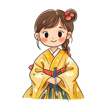 A beautiful cartoon full body child wearing Shito is an official outfit worn for government ceremonies, characterized by detailed and formal kimono clipart, full body, watercolor clipart