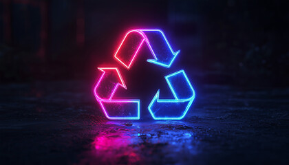 Neon recycling symbol glowing in a dark environment, showcasing the importance of sustainability and eco-friendly practices