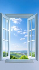 Open Window with a View of Green Fields.