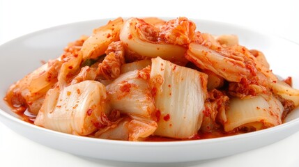 Fresh and vibrant kimchi on a pristine white background for a clean and professional aesthetic