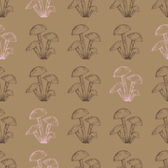 Hand-drawn autumn pattern with honey mushrooms on a dark beige background in sketch style. Fall seamless background with subtle hand-drawn botanical elements