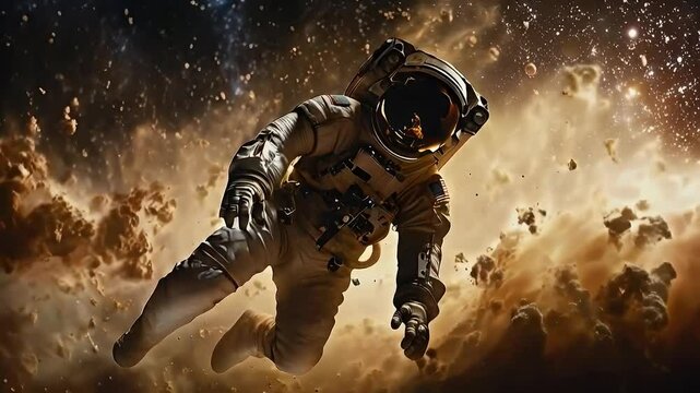 Astronaut Floating in Space, Surrounded by Dust and Debris - Abstract Space Background Animation