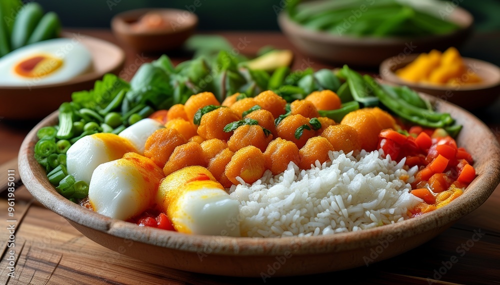 Wall mural Rice is a staple food, especially for Southeast Asia, served with a variety of healthy vegetables and eggs.