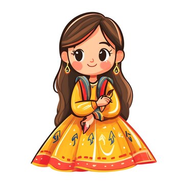 A beautiful cartoon full body child wearing Langa is similar to lehenga but with more intricate decorations, worn for significant ceremonies clipart, full body, watercolor clipart