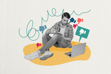 Creative banner image poster collage of guy sit writing book look laptop with many dislike