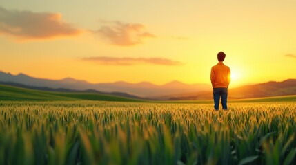 Man Standing in Field at Sunset.