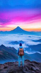 Fototapeta premium Adventurous Hiker Gazing at Majestic Mountain Peak and Sea of Clouds at Sunset.