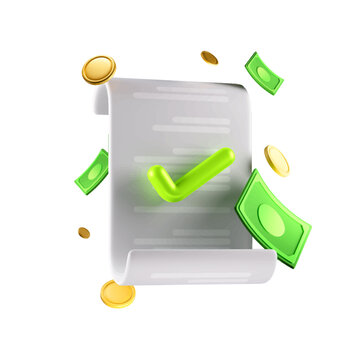contract with money and coins. 3d render for business and online shop. isolated and 3d vector icon illustration.