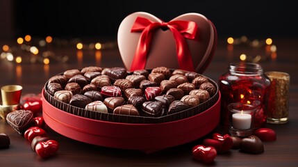 red heart shaped box with open lid and chocolate inside ribbon.