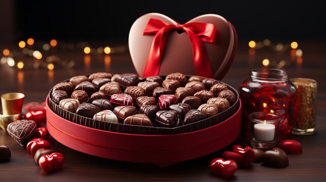 red heart shaped box with open lid and chocolate inside ribbon.