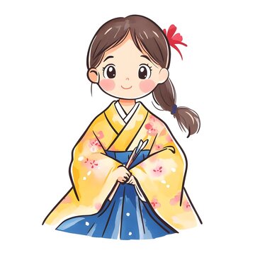 recommend clip art: 
                    A beautiful cartoon full body child wearing Shimon is a traditional Japanese dress for women, featuring a long robe and a long skirt clipart, full body, watercolor clipart