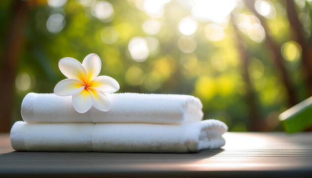  Stack of white towels with a frangipani flower in soft light, symbolizing spa relaxatio_1(819)