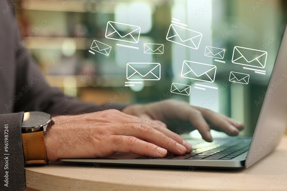 Aufkleber man using laptop at table, closeup. illustrations of envelope over computer