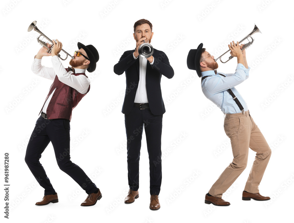 Sticker Man playing trumpet isolated on white. Collection of photos