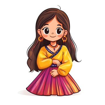 A beautiful cartoon full body child wearing Chaniya Choli consists of a long skirt and a cropped top, often worn during festivals and dance performances clipart, full body, watercolor clipart