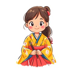 Obraz premium A beautiful cartoon full body child wearing Ohina is a Japanese outfit worn during the Hinamatsuri festival, featuring a kimono designed for young girls clipart, full body, watercolor clipart