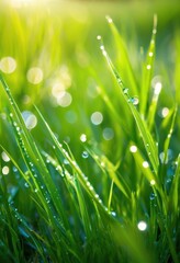 Fototapeta premium vibrant lush green grass landscape adorned glistening dew droplets morning light, nature, fresh, scenery, outdoor, field, texture, beauty, meadow, sunlight