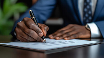 Black man’s hand signing a contract, symbolizing commitment, agreement, and professionalism. Focus on the act of finalizing important documents