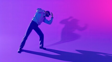 Naklejka premium A stylized 3D rendering of a man in virtual reality, dramatically posed with deep shadows against a purple and pink gradient background. The futuristic scene captures the intensity of immersion in