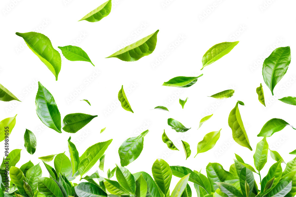 Wall mural natural of tropical green leaves flying in the air isolated on white or transparent background