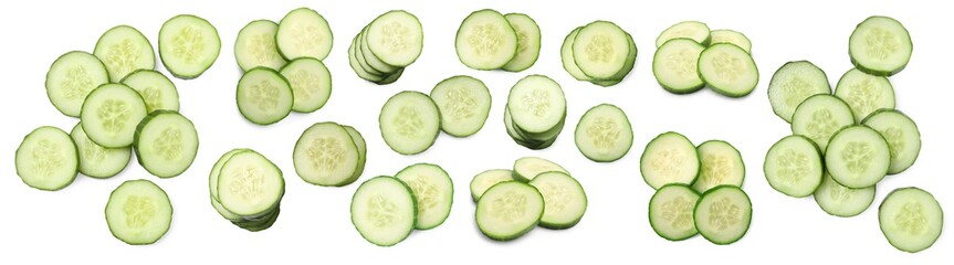 Many fresh cucumber slices on white background, collage