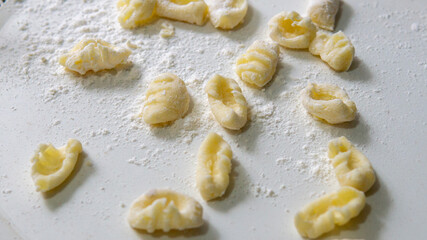 Close view of a few raw homemade gnocchi on top of a white plate