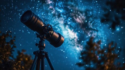 A telescope pointing towards the starry night sky, capturing the beauty of the cosmos and countless twinkling stars.