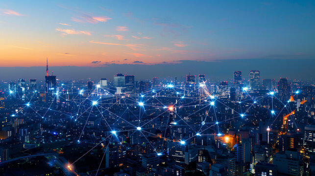 Modern city aerial view and communication network concept. Smart city. Wireless telecommunication