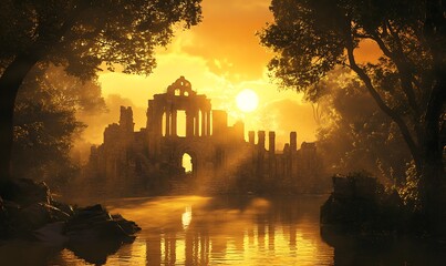 Obraz premium Sunlit Ruins by a Tranquil Lake at Sunset